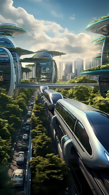 Futuristic city advanced transportation realistic illustration