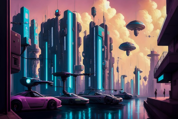 Futuristic City Buildings Funky Cyberpunk modern art illustration Generative AI