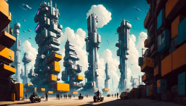 Futuristic City Buildings Funky Cyberpunk modern art illustration Generative AI