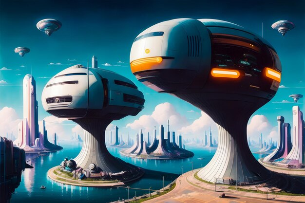 未来都市 建物 ファンキー サイバーパンク モダンアート イラスト ジェネレーティブ AI