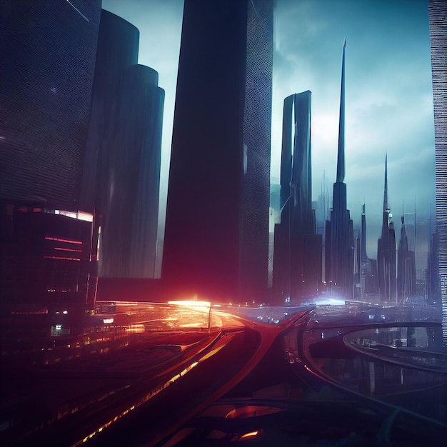 A futuristic city A city street with road and cyberpunk