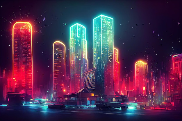 Futuristic city Concept Art Cityscape at night with bright neon lights 3D illustration