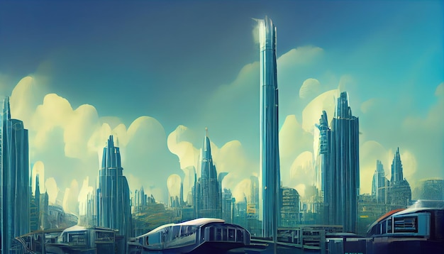 明るいネオン 3 D イラストと未来都市コンセプト アート都市景観