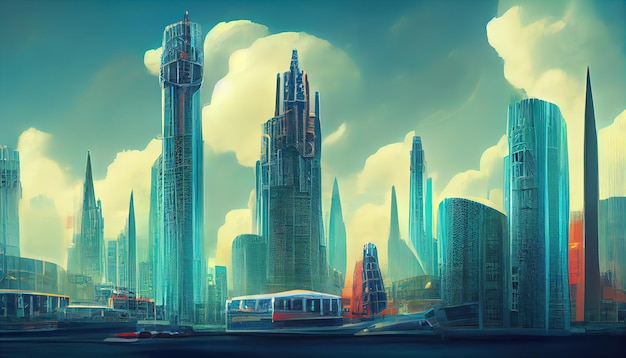 Futuristic city Concept Art Cityscape with bright neon lights 3D illustration