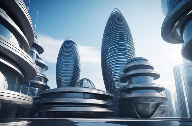 Futuristic city concept with glass skyscrapers and roads