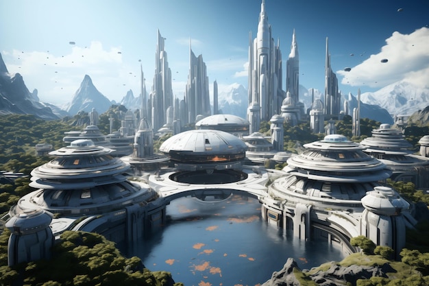 Futuristic city downtown Fantasy city skyline on an alien planet by generative Ai