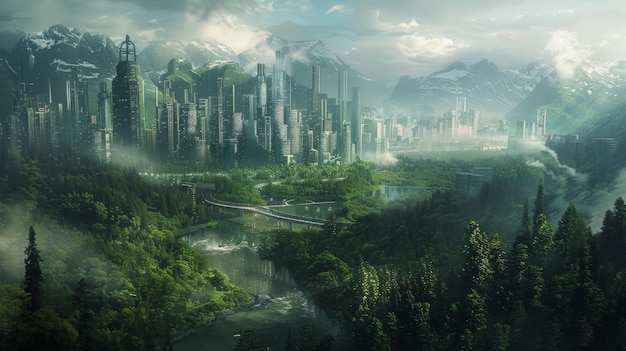 Futuristic city among forest outdoor