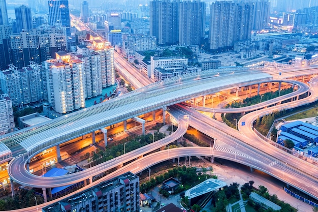 Futuristic city interchange closeup in nightfall wuhan China