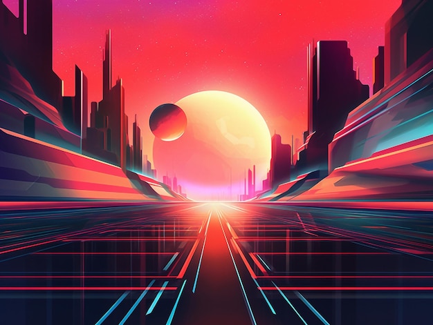 Futuristic city landscape in the 80s style Vector illustration