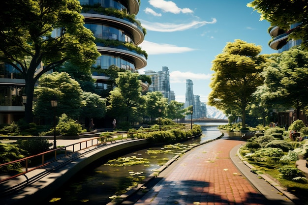 Photo futuristic city landscape with fantasy planet and river