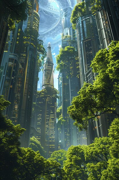 Futuristic city landscape with skyscrapers and green trees