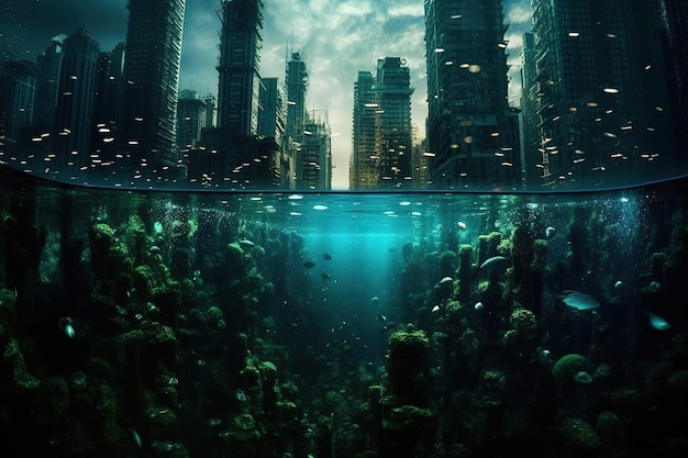 Foto una città futuristica situata in profondità sotto la superficie dell'oceano completa di imponenti grattacieli e creature bioluminescenti generative ai