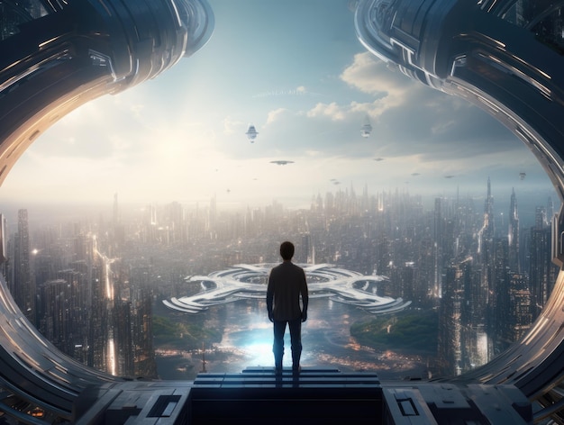 Futuristic city man looking to the city on the edge of the highest building