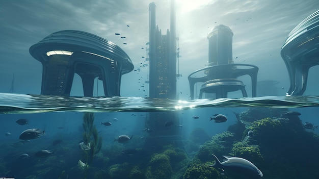 Photo futuristic city in the middle of the sea with modern buildings and a sleek design