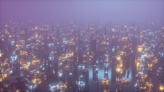 Futuristic city at night in the fog