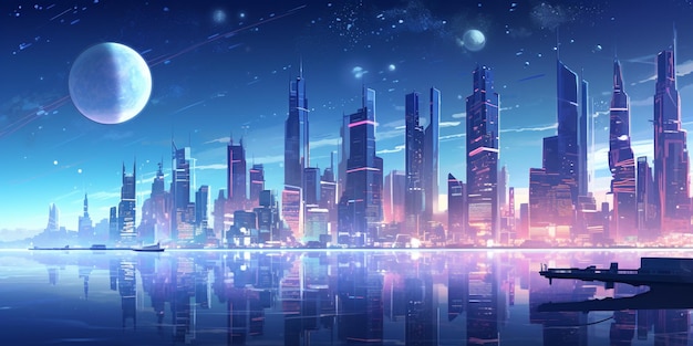 未来都市の夜のイラスト