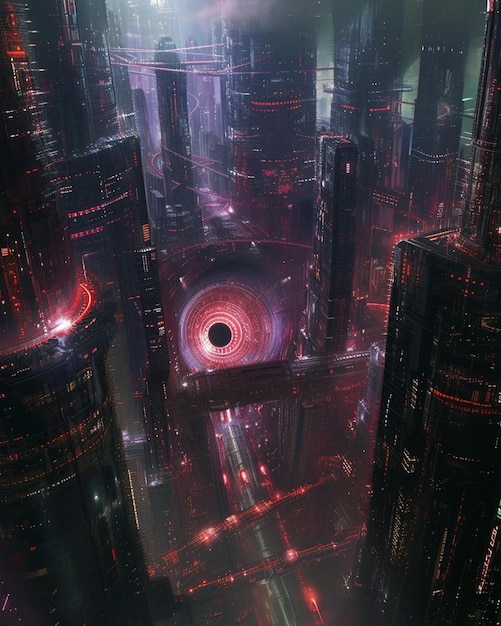 Foto una città futuristica di notte con un occhio gigante al centro