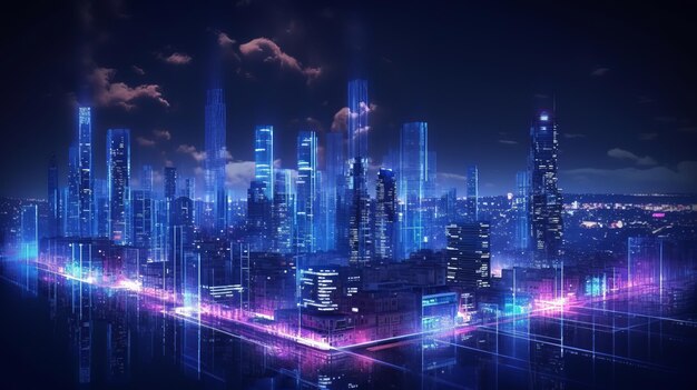 A futuristic city at night with glowing lights and towering skyscrapers Generative ai