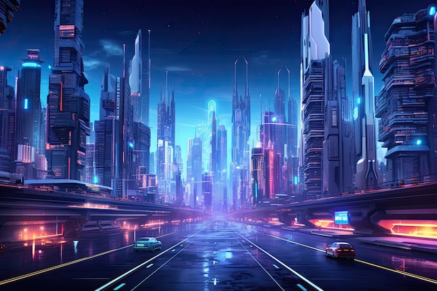 하늘에 달과 별이 있는 밤의 미래 도시 AI 생성