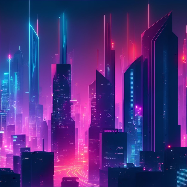 Futuristic city at night with neon lights 3d rendering