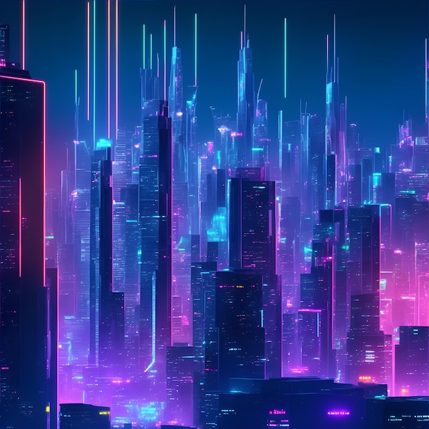 Futuristic city at night with neon lights 3d rendering