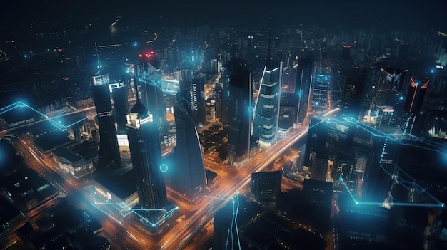 Futuristic city at night with neon lights Generative AI