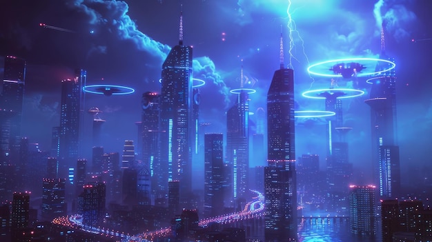 Futuristic city at night with neon lights