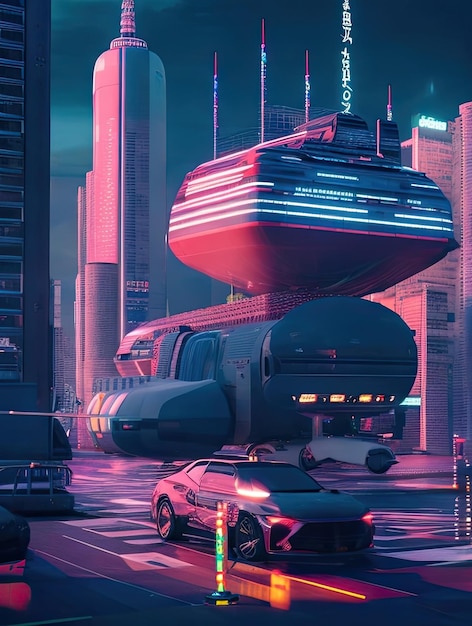 Futuristic city at night with skyscrapers and cars