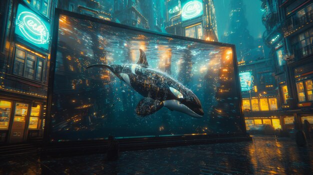 Futuristic City Nightscape with Majestic Orca Billboard