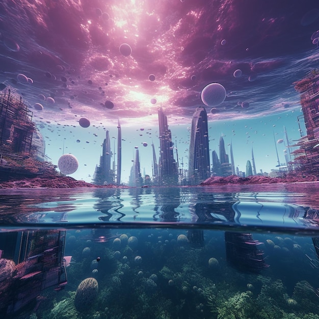 Futuristic city in the ocean with a lot of water and rocks generative ai