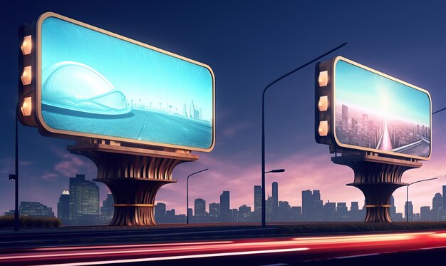 Photo a futuristic city roars in the background of this highway bilboard towering over skyscrapers blinkin