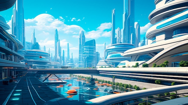 Futuristic city sci fi fi with blue and white futuristic space background with glowing neon lights and alien planet with reflection Generative AI illustrator