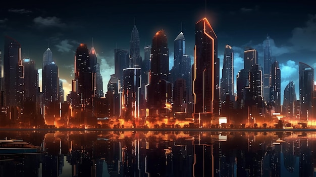 Futuristic city skyline illuminated by night lights