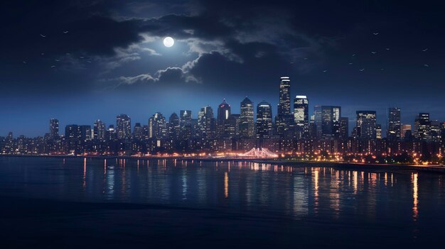 Photo futuristic city skyline at night with a large moon reflection on water and dramatic lighting