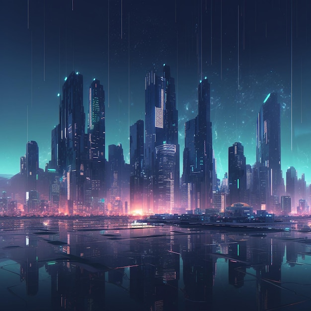 Futuristic City Skyline at Night with Modern Architecture and Neon Lights