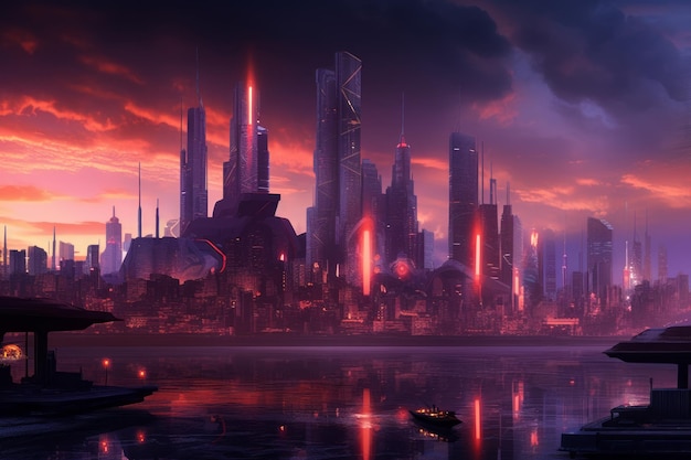 Futuristic city skyline in synthwave style Beautiful illustration picture Generative AI