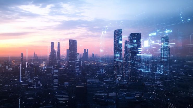 Photo a futuristic city skyline at twilight showcasing modern architecture and digital enhancements with vibrant colors illuminating the horizon