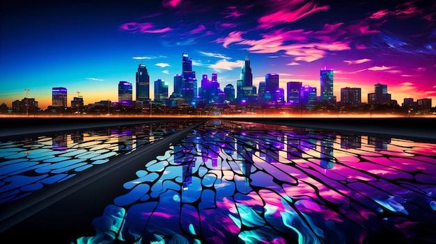 Foto l'orizzonte della città futuristica al crepuscolo con il lungomare riflettente e le nuvole dai colori vivaci sopra