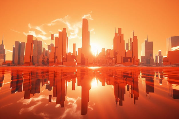 사진 오렌지색 하늘을 배경으로 반이는 마천루와 함께 미래의 도시 스카이라인