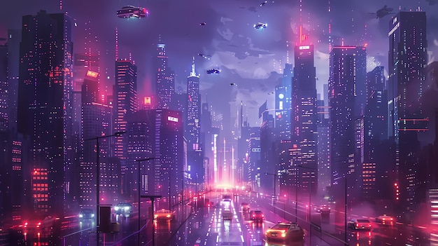 A futuristic city skyline with holographic displays and flying vehicles innovation