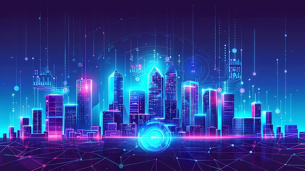 a futuristic city skyline with neon lights and a digital network