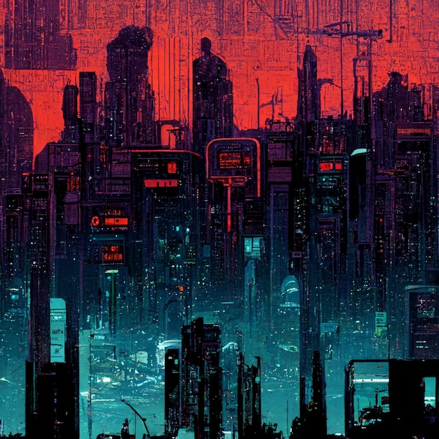 Futuristic city skyline with neon lights and a red sky generative ai