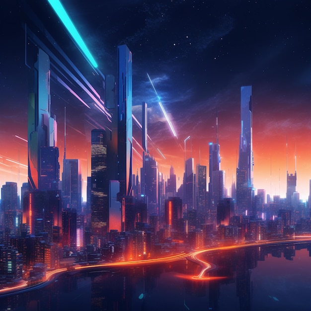 Futuristic City Skyline with Neon Lights