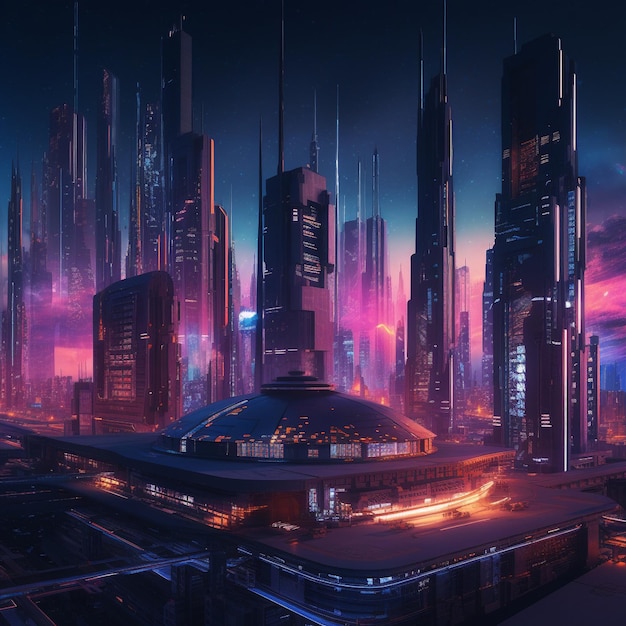 Futuristic City Skyline with Neon Lights