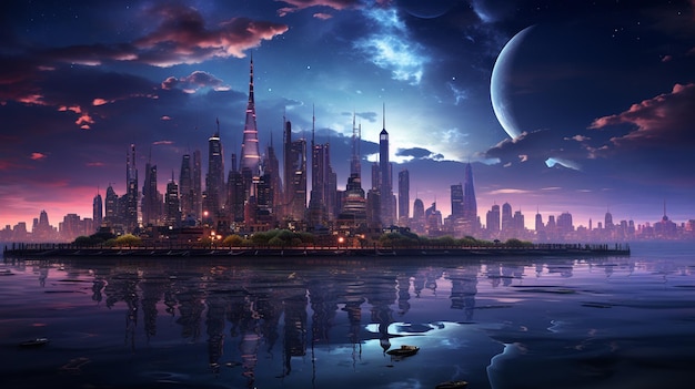 futuristic city skyline with night view skyscrapers and glowing lights