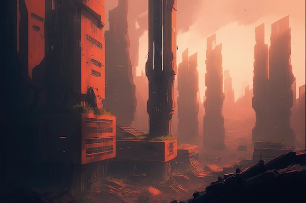 Futuristic city skyline with slums and towering structures Fantasy concept Illustration painting Generative AI