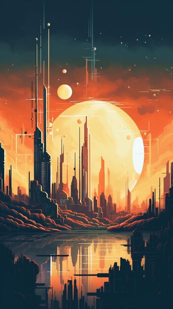 夕日を背景にした未来的な都市のスカイライン生成AI