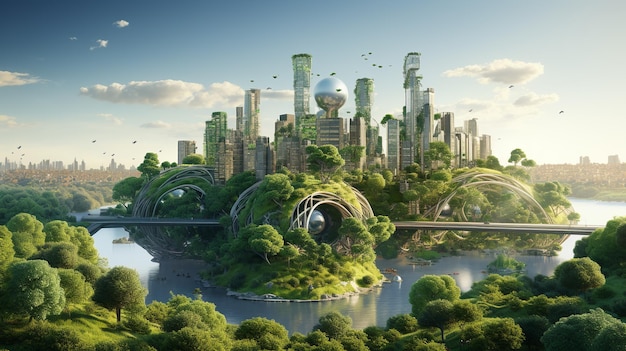 Futuristic city skyline with vertical gardens surrounded by lush trees and water