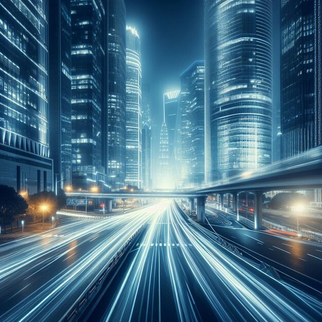 Futuristic city street illuminated by blurred motion of car lights