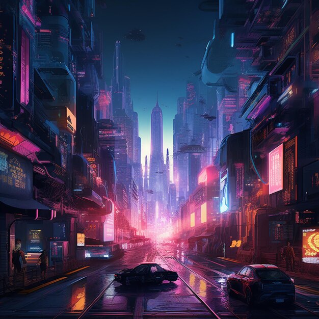 Futuristic city street scene with cars and neon lights at night generative ai